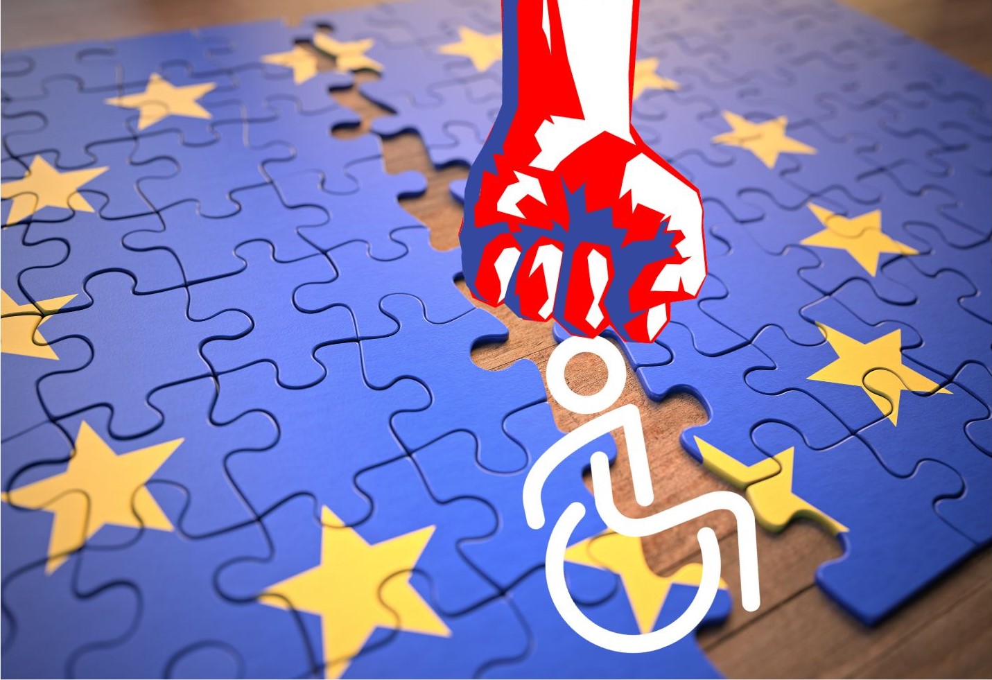 Illustration : un poing aux couleurs du drapeau français écrasant un symbole de la personne handicapée et séparant des pièces de puzzle représentant le drapeau européen