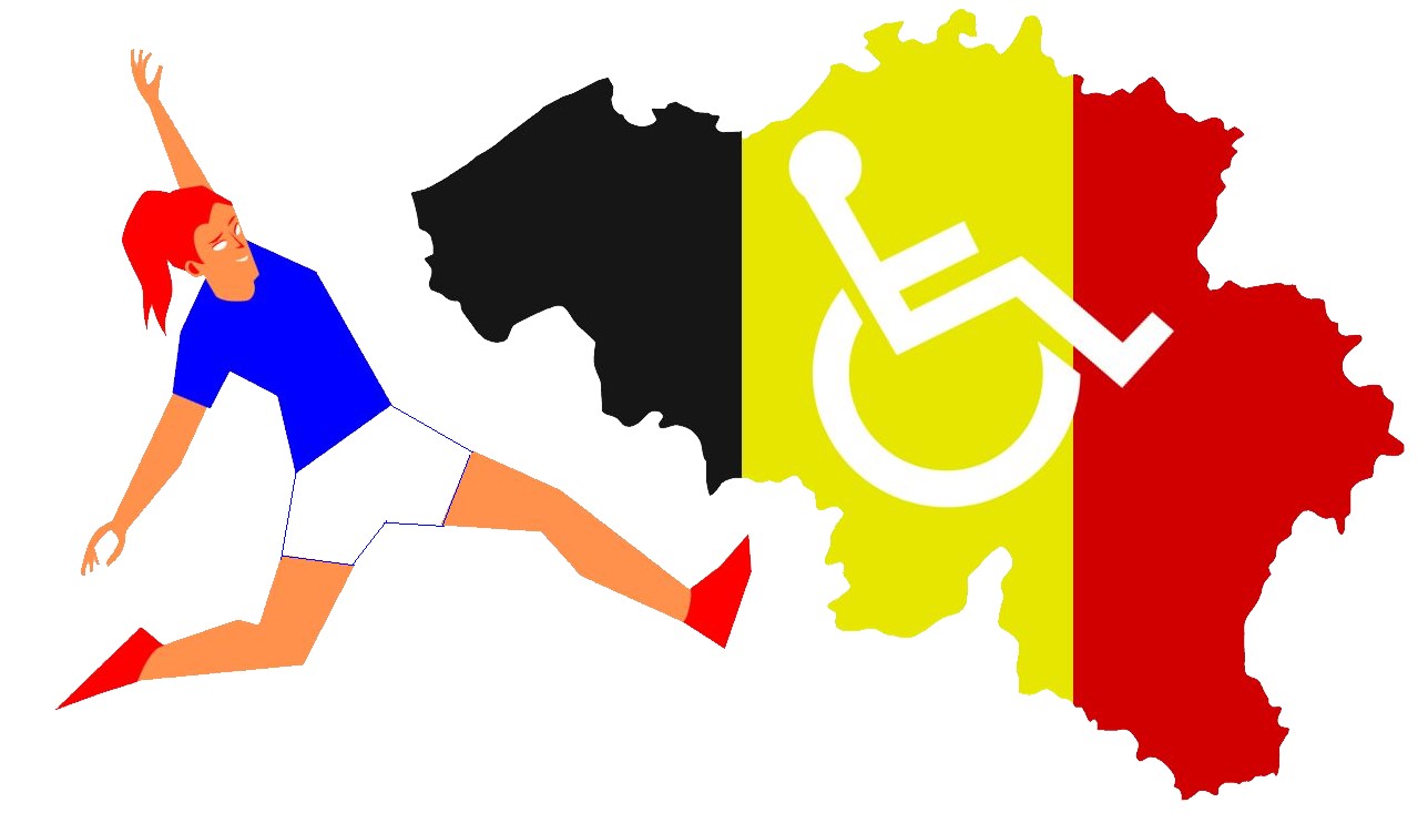 une femme aux couleurs de la France donne un coup de pied au logo handicap qui atterrit en Belgique