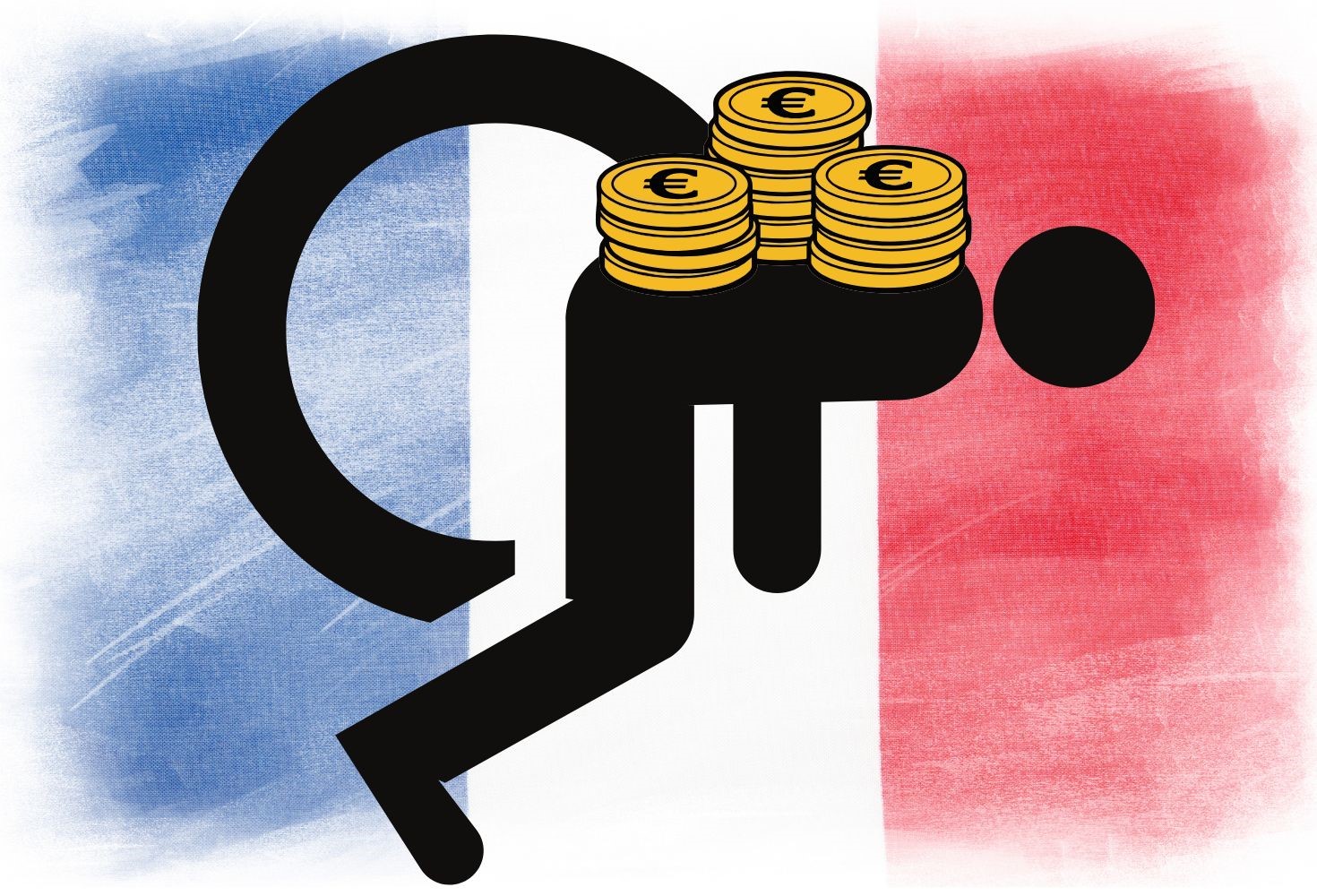 Il n'y a pas de petites économies : sur un fond de drapeau français un peu effacé, une silhouette de personnage handicapé renversé, sur son dos des pièces d'euros