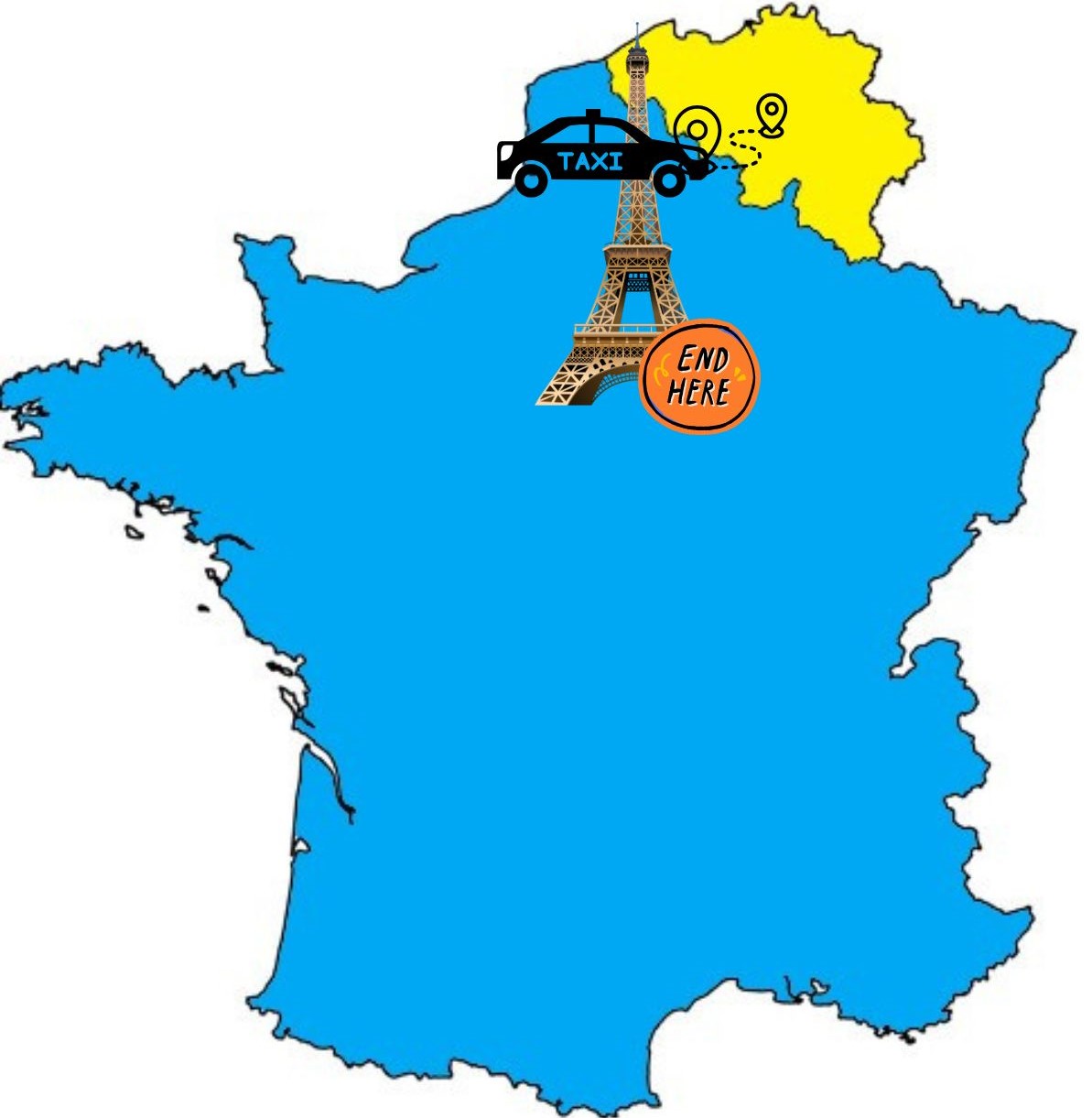 cartes de France-Belgique avec un itinéraire de taxi, Panneau "End here" sur une tour eiffel