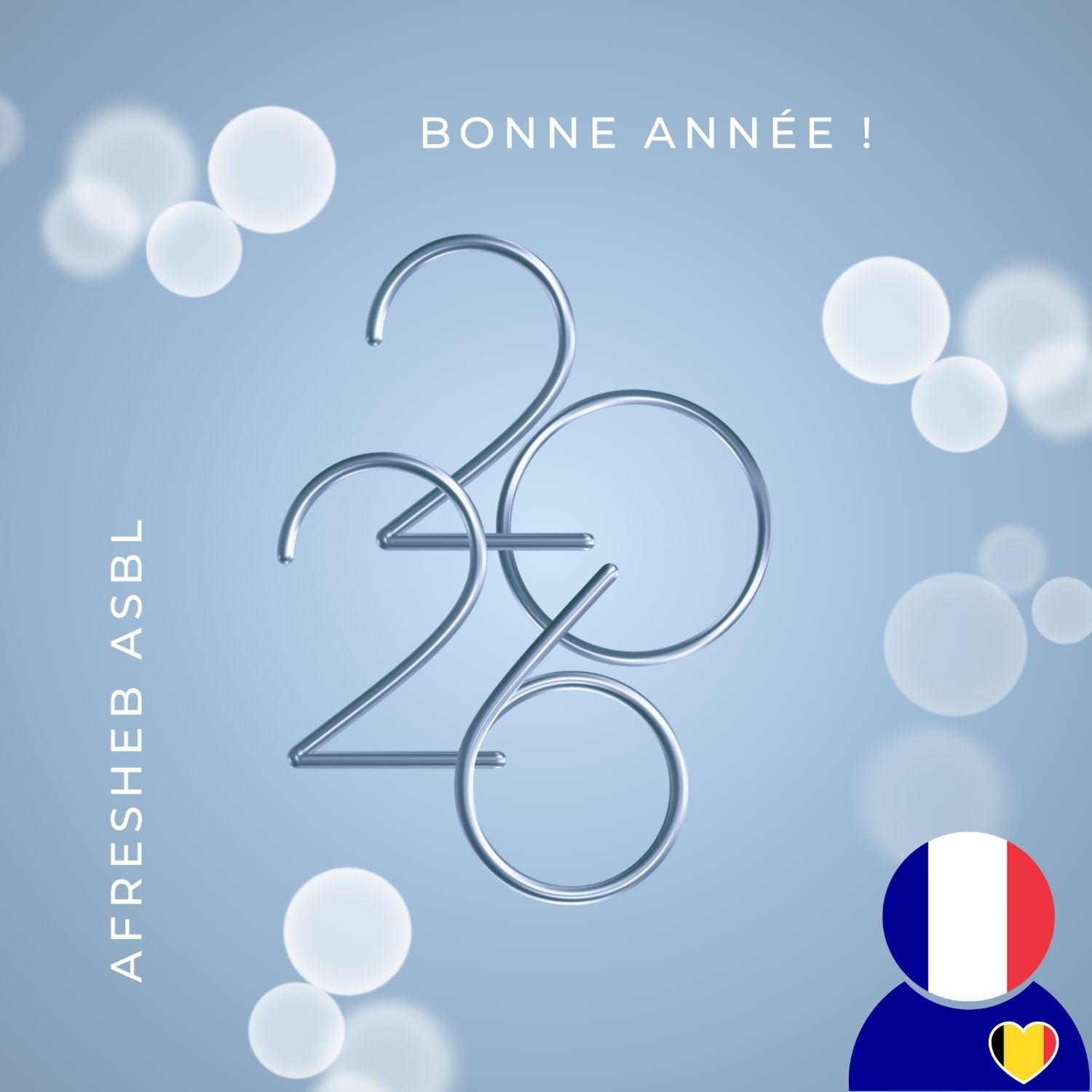 Voeux 2026 de l'AFrESHEB des bulles blanches sur fond bleu, le logo de l'AFrESHEB - texte : bonne année 2026 AFrESHEB ASBL